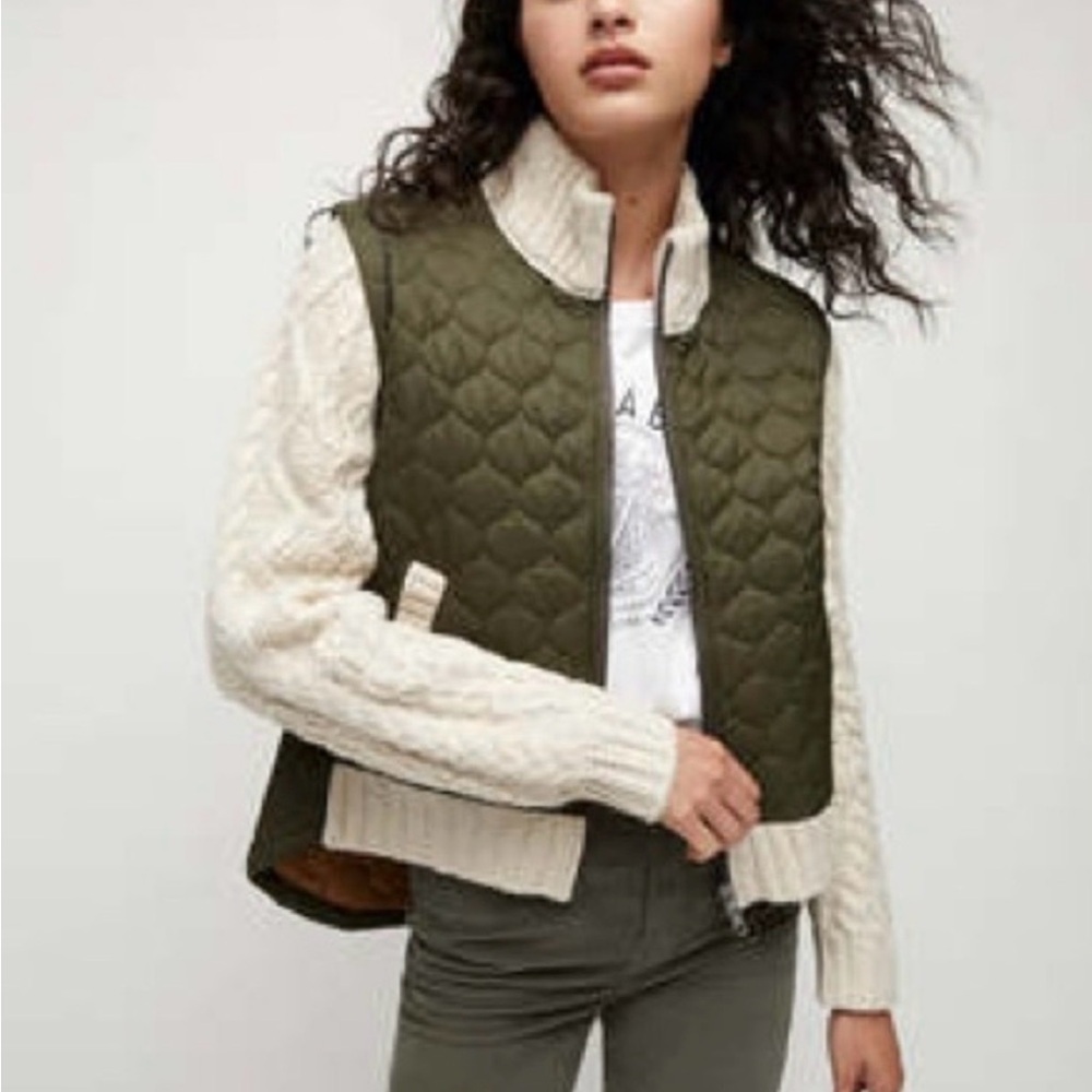Veronica Beard Olive Quilted Vest with Cream Knit Sleeves